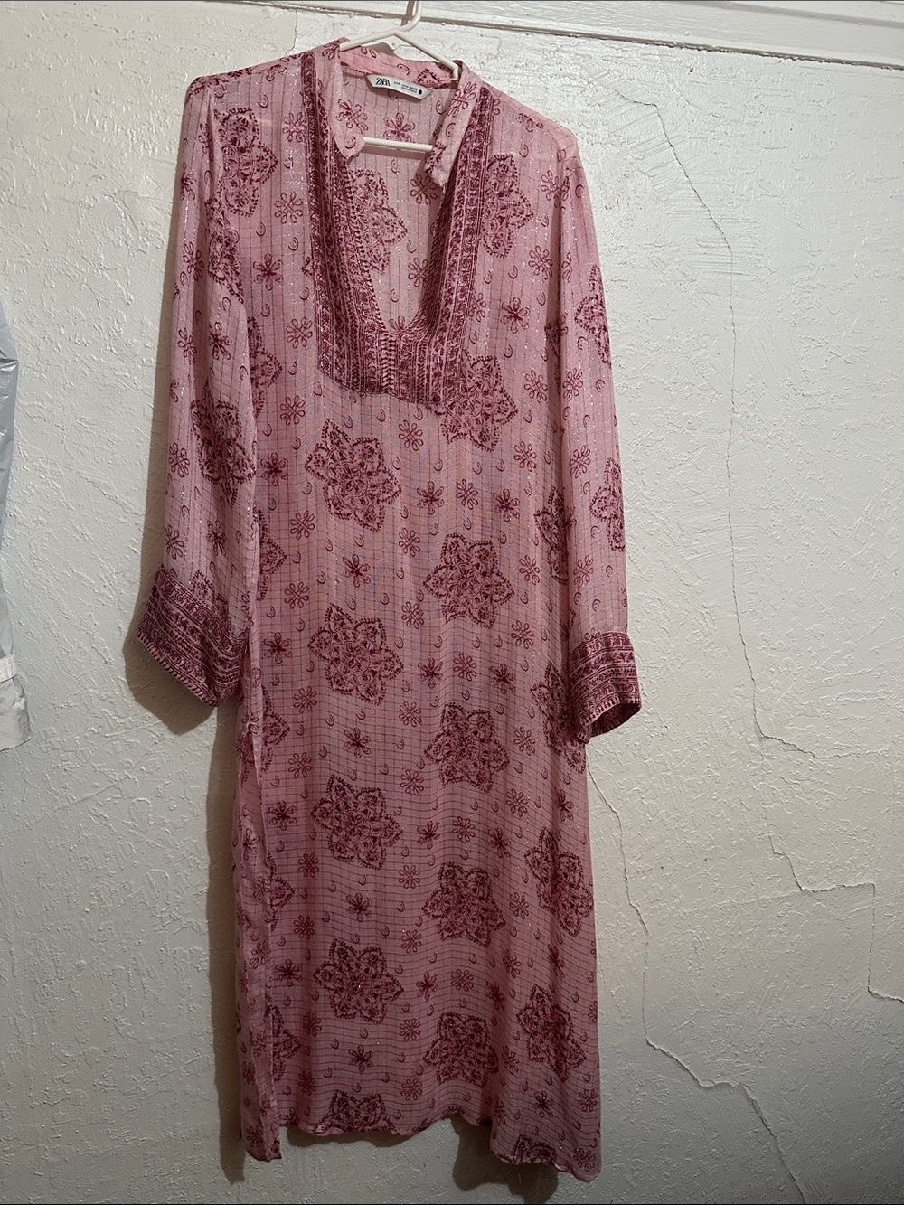 Zara Pink Printed Long Tunic with Embroidered Neckline